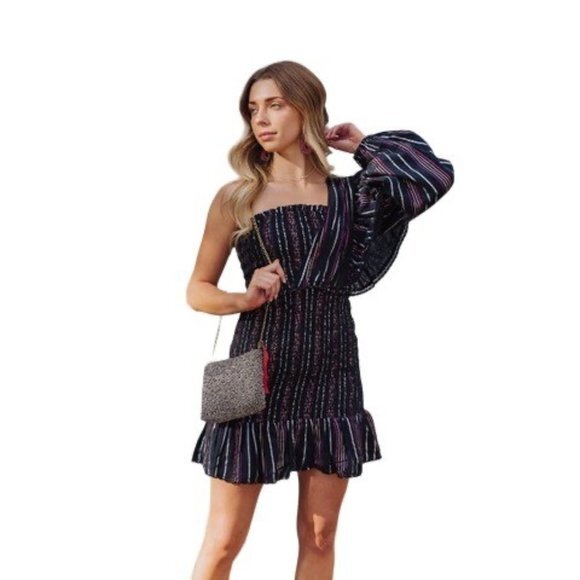 Nwot Farm Rio Lurex Black Stripes Mini Dress Size Xs